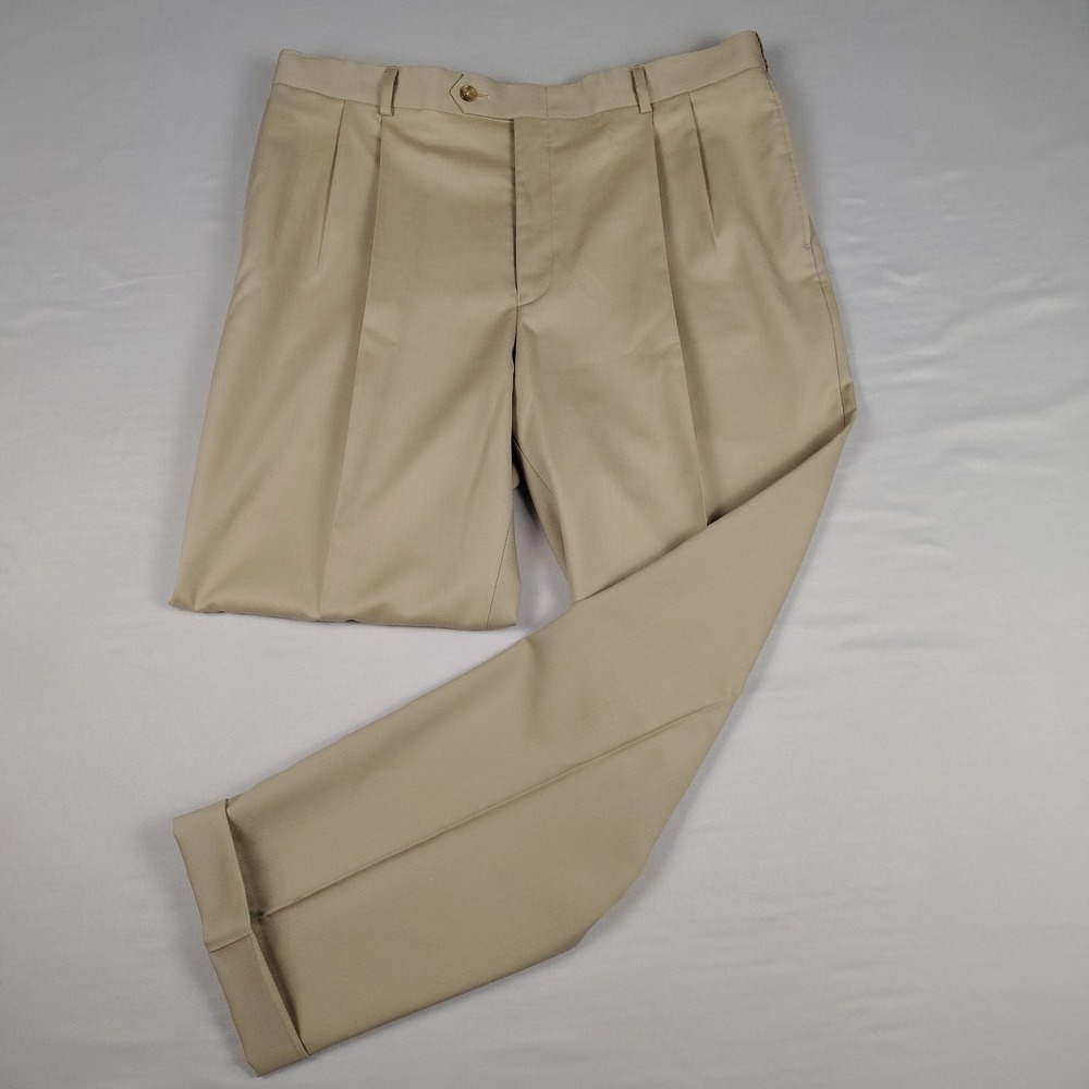 Hart Schaffner Marx Mens 36x30 100% Wool Dress Pants Tan Pleated Cuffed